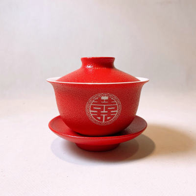 东方贵族 足银本色茶具-红色喜字盖碗 陶瓷镶嵌足银盖碗 泡茶器 简约